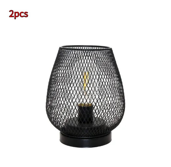 Retro iron art battery-powered table lamp with hollowed-out birdcage design in white finish