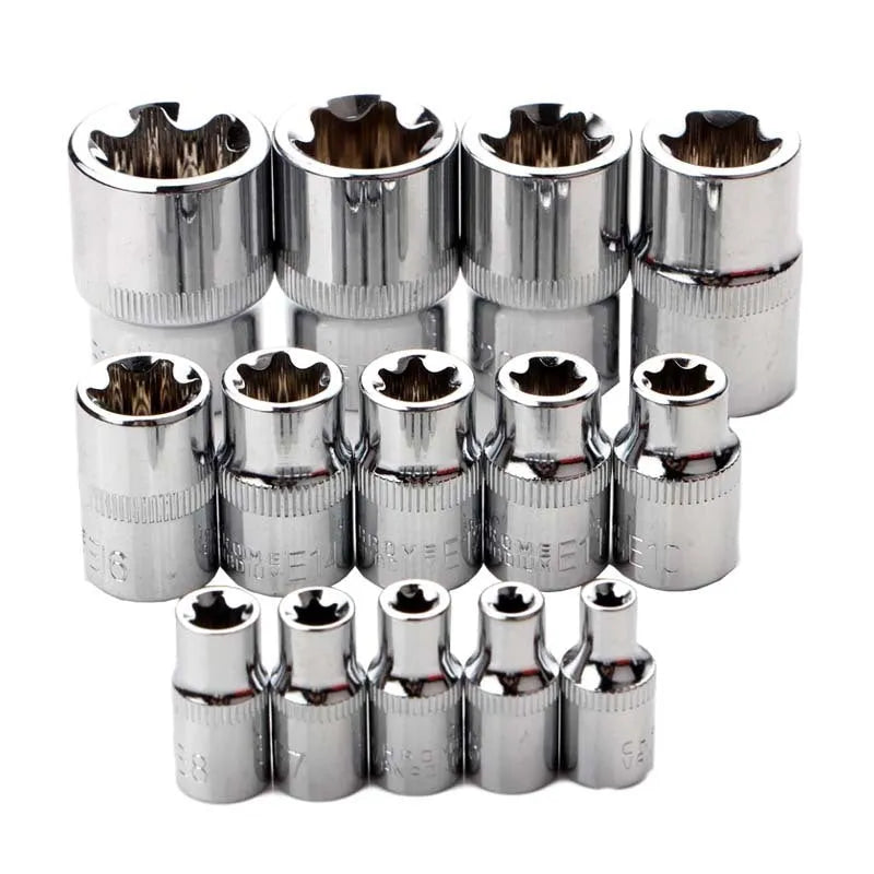 14-piece E-type socket set in red box, chrome vanadium steel, for auto repair and mechanical repair