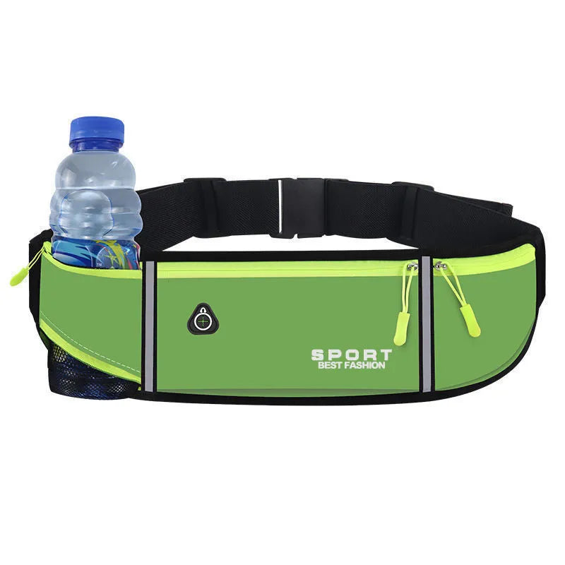 Waterproof Oxford cloth running belt bag in black with multiple pockets and waist strap