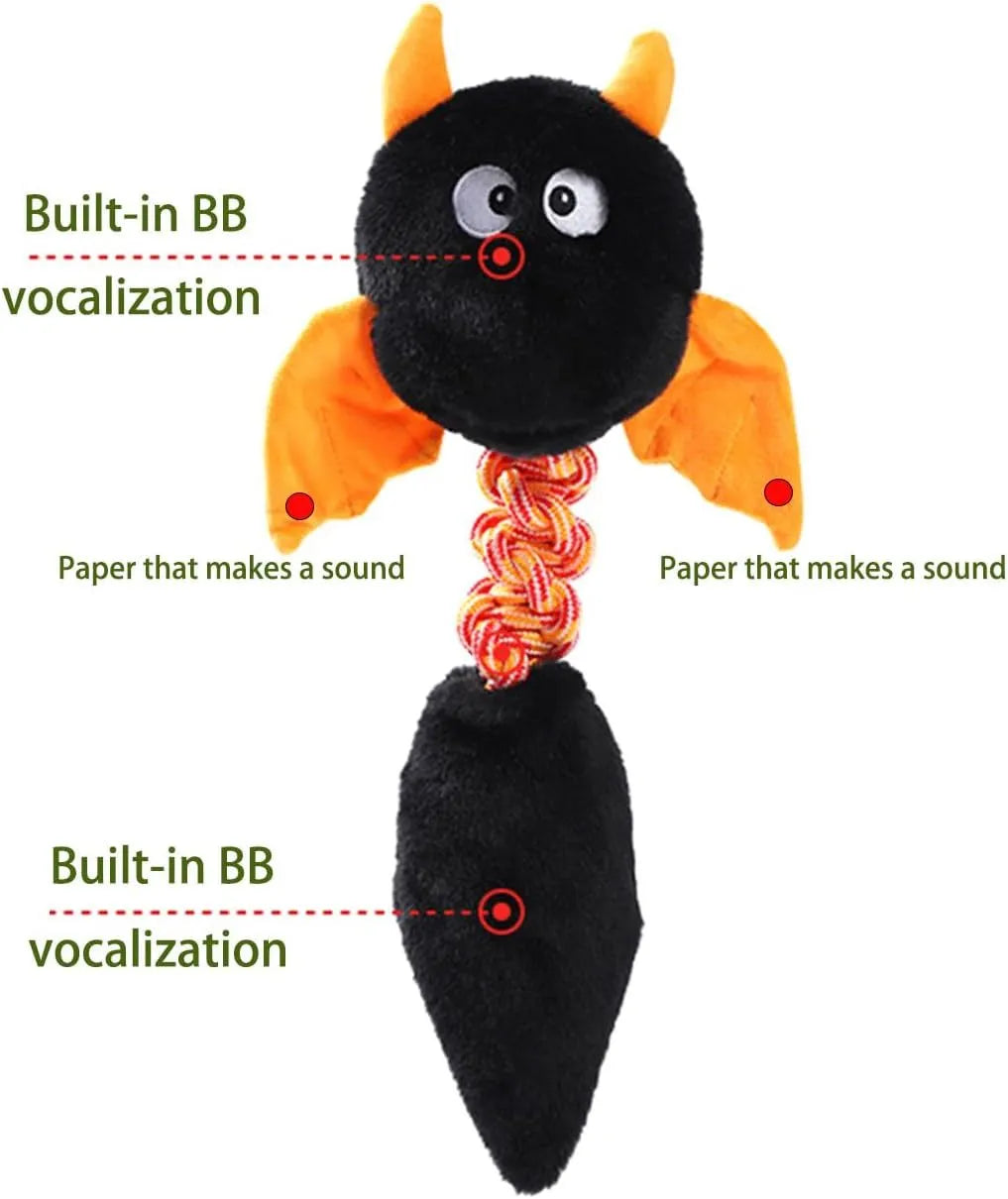 Plush cartoon dog toy with rope knot, in black, green, or red colour, shown next to a tape measure indicating 44 cm length.