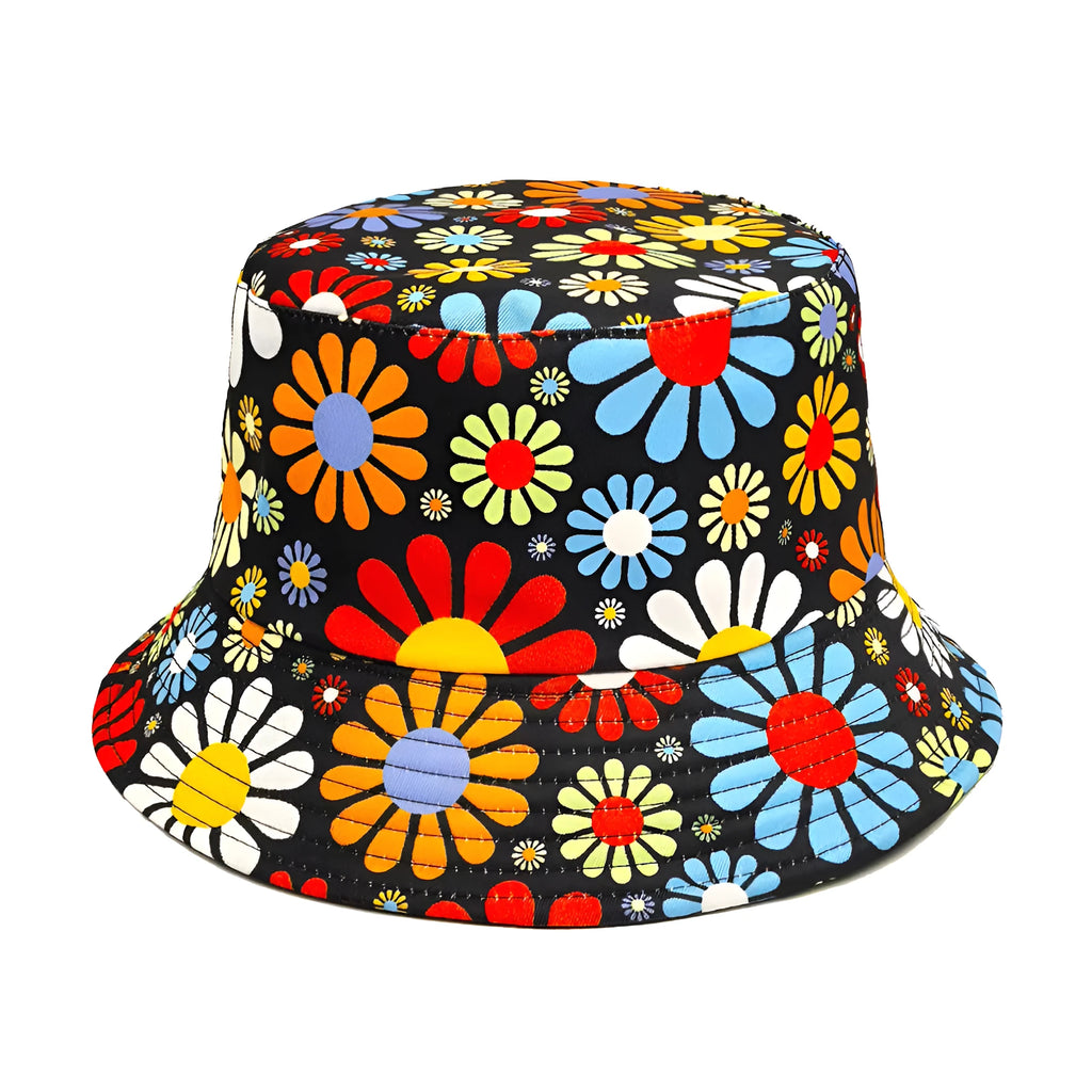 Colourful flower pattern polyester bucket hat with dome crown in M size 56-58cm