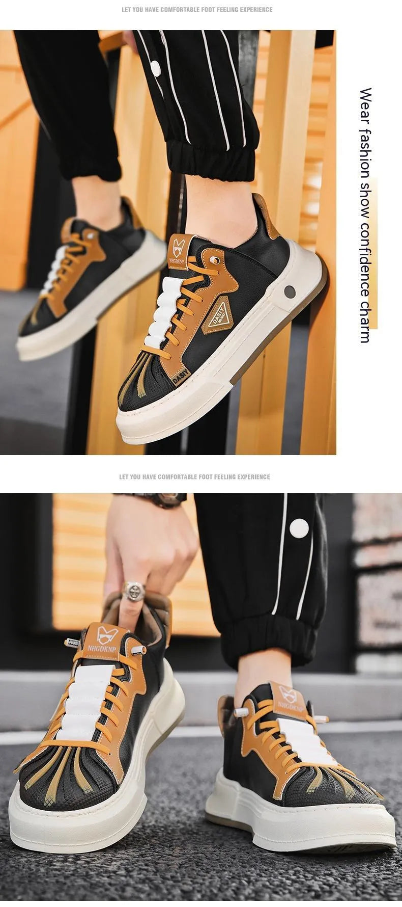 Men's beige and black low-top sneakers with elastic band and mesh lining