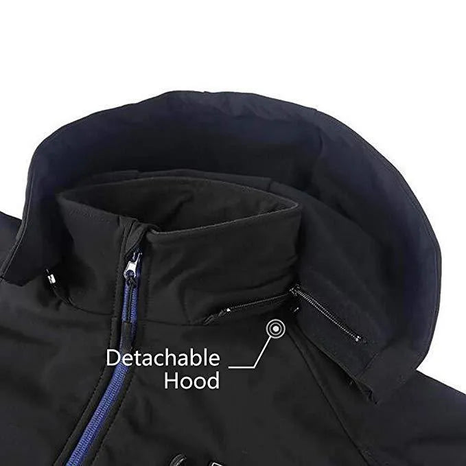 Black men's waterproof winter coat with USB heating technology and windproof polyester construction