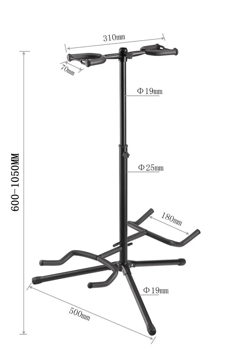 Black vertical double-headed iron guitar stand holding an acoustic guitar upright.