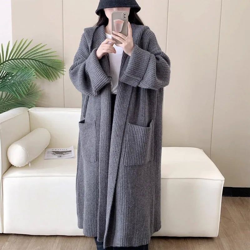 Women's loose hooded cardigan coat in acrylic fabric with extended length and raglan sleeves