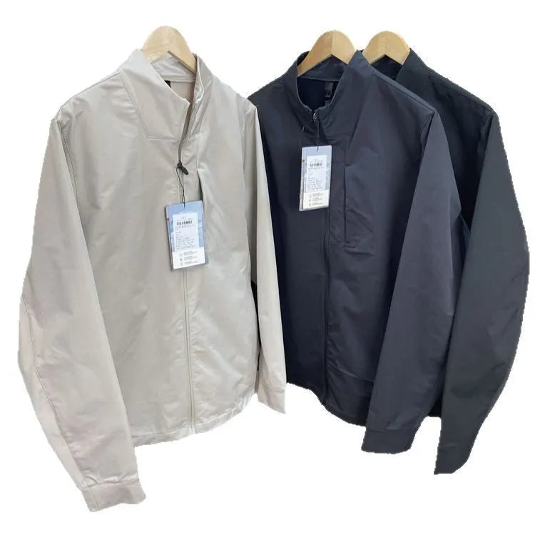 Men's stand collar sports casual jacket in polyester fiber, black colour, straight hem, long sleeves