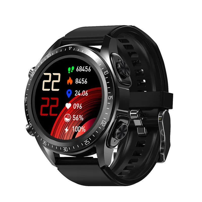 Black smart watch with blood pressure monitoring on silicone strap showing 1.28-inch screen