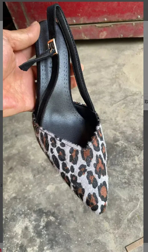 Women's leopard print suede sandals with pointed toe and high heel in scattered design