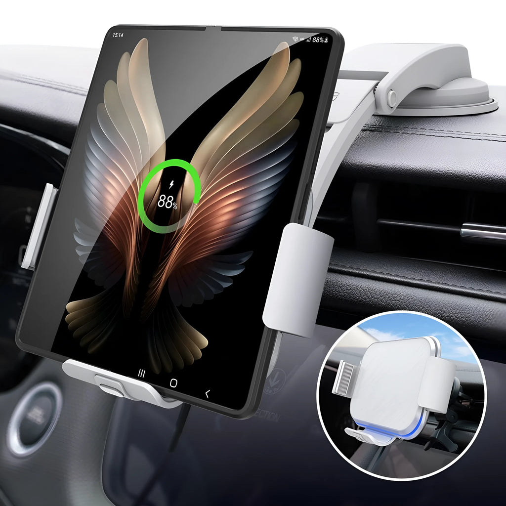 Wireless charging car phone holder with folding screen and multiple mounting accessories