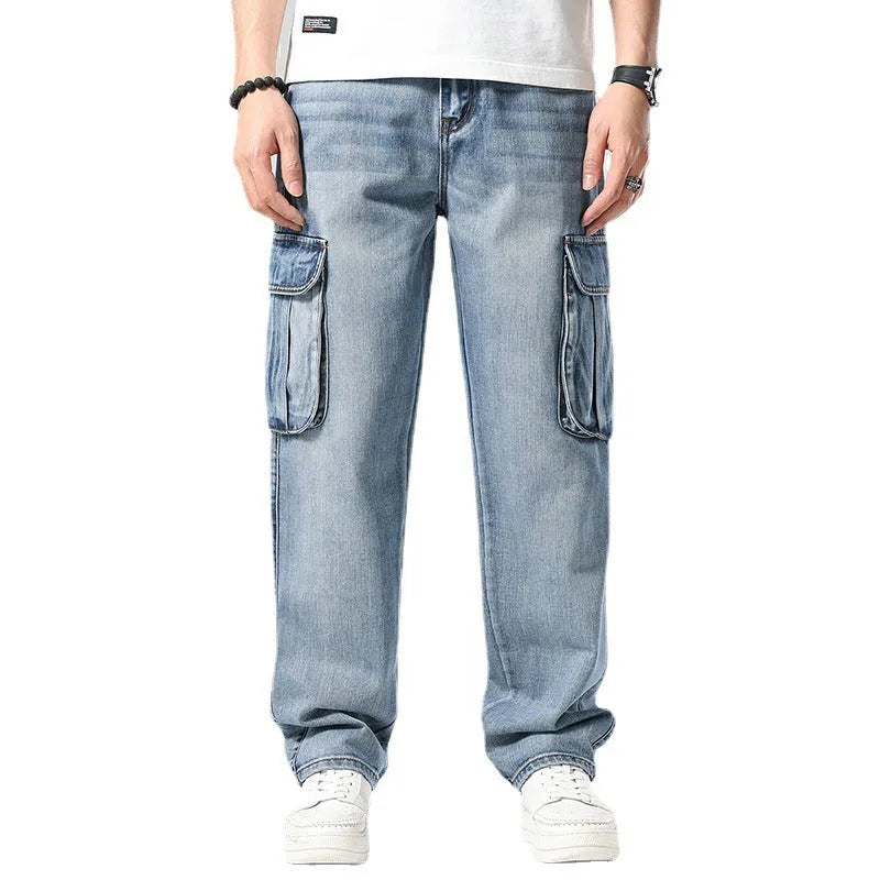 Hip hop retro multi-pocket denim pants in high waist loose fit, front view showing multiple pockets and straight leg style