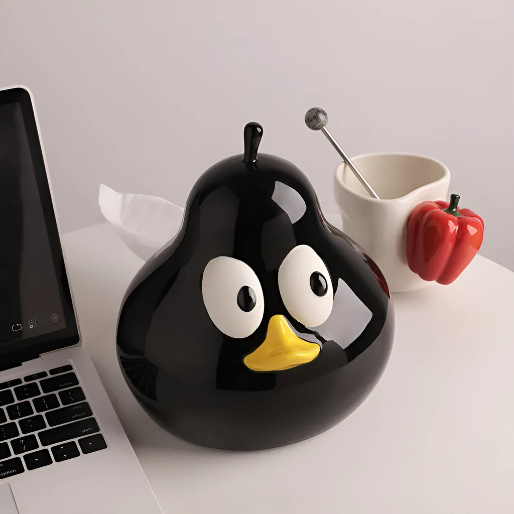 Ceramic pear-shaped tissue box with cute animal design in green colour option