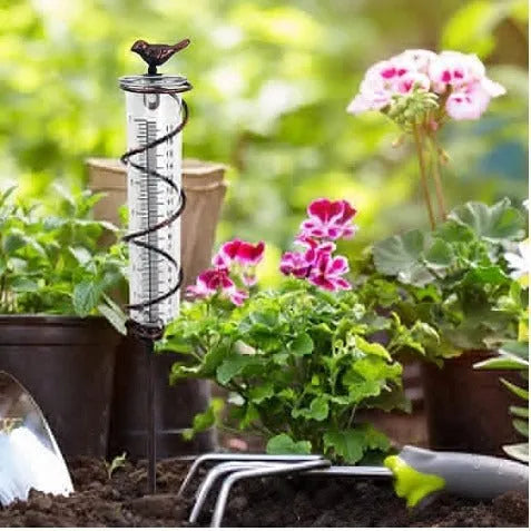 Hummingbird-shaped glass rain gauge on a cast iron base for garden precipitation measurement.