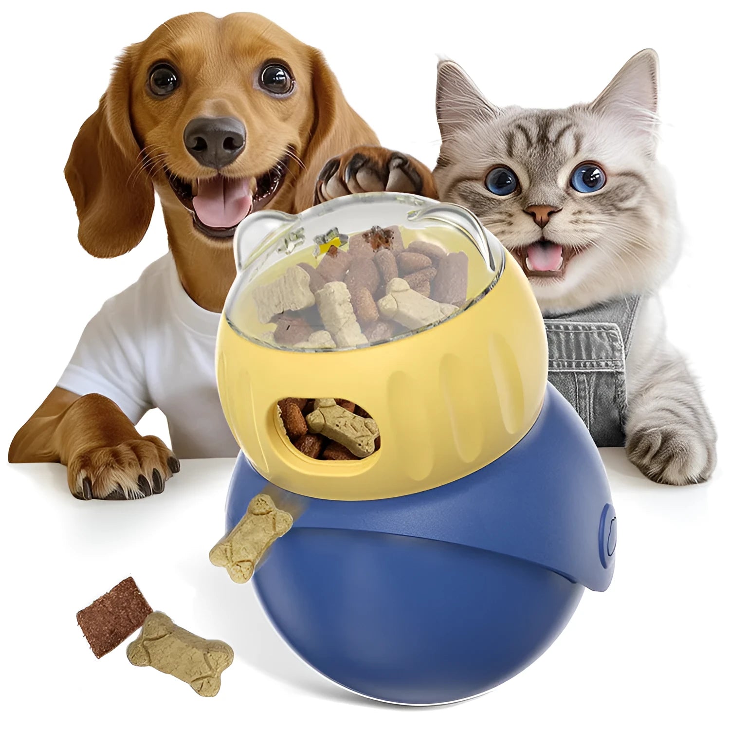 Tumbler owl cat puzzle feeder in morandi yellow and blue colours with rotating food dispenser mechanism