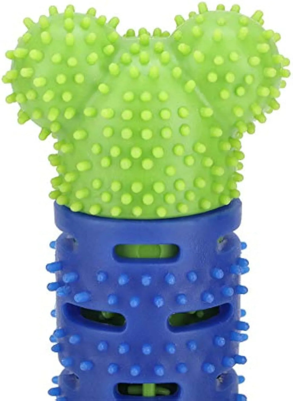Blue-green silicone dog dental cleaning stick with textured surface and inner bristle core