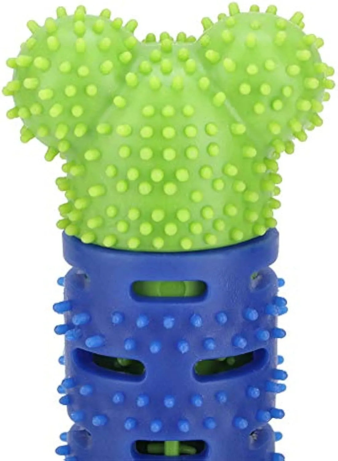 Blue-green silicone dog dental cleaning stick with textured surface and inner bristle core