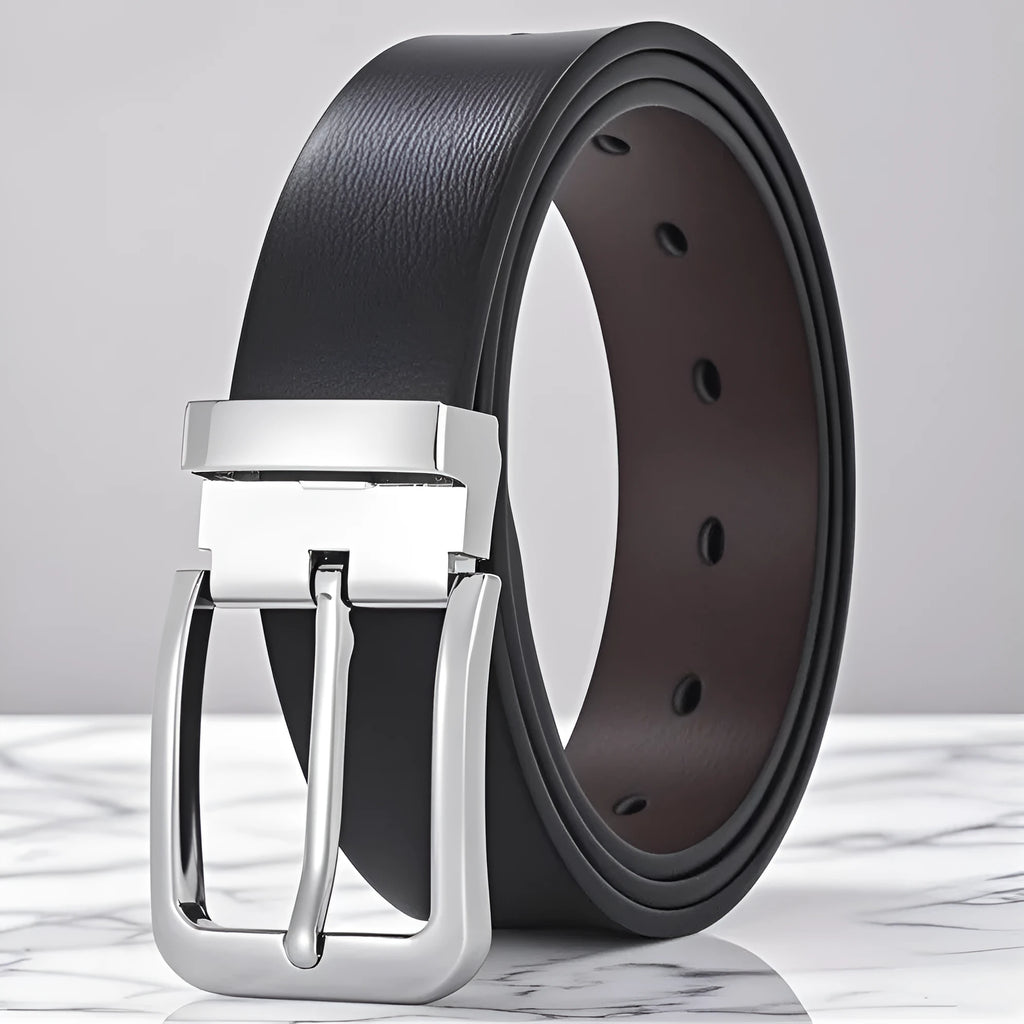 Men's genuine leather belt with alloy pin buckle and embossed water drop pattern on a flat surface