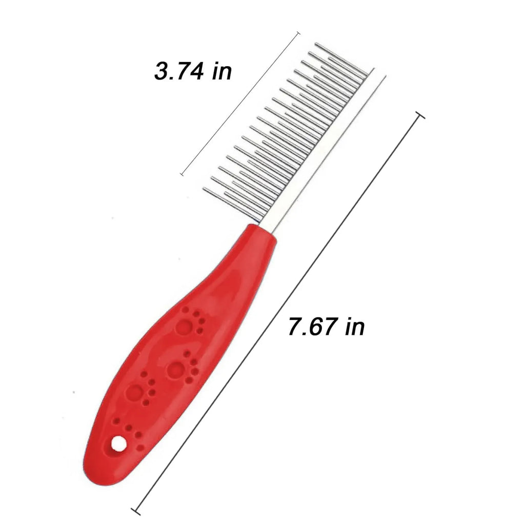 Red plastic handle pet dematting comb with dual-length stainless steel teeth for dog cat grooming