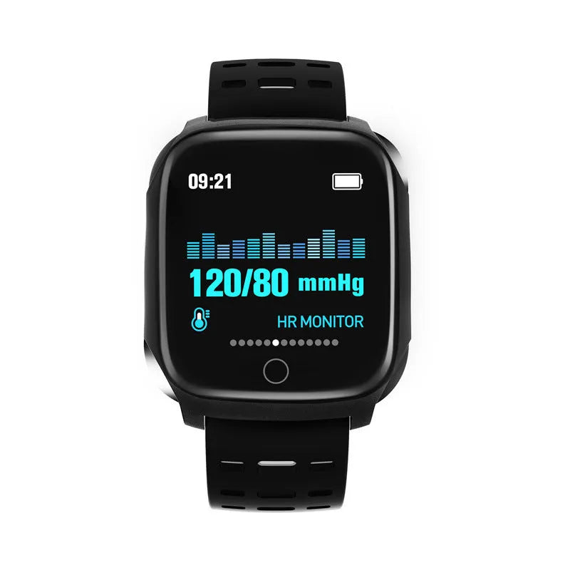 F16 smart watch with ECG monitor on a silicone wristband in black and green colour scheme.