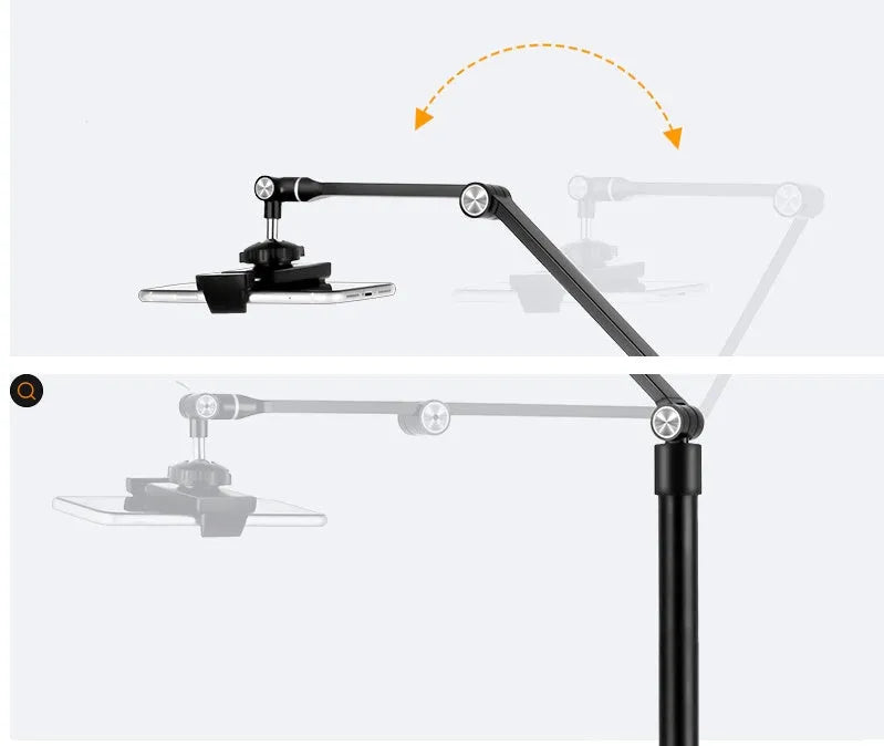 Black aluminium alloy and ABS mobile phone tablet stand with built-in fill light, folded vertical orientation on a table