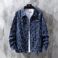 Men's slim-fit solid colour denim casual coat with patch pockets, available in black, dark blue, and light blue