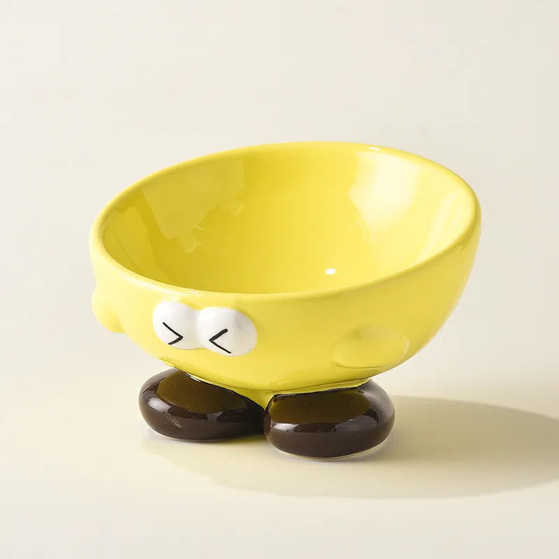 Oblique ceramic cat food bowl with cute expression print in blue for cervical spine protection