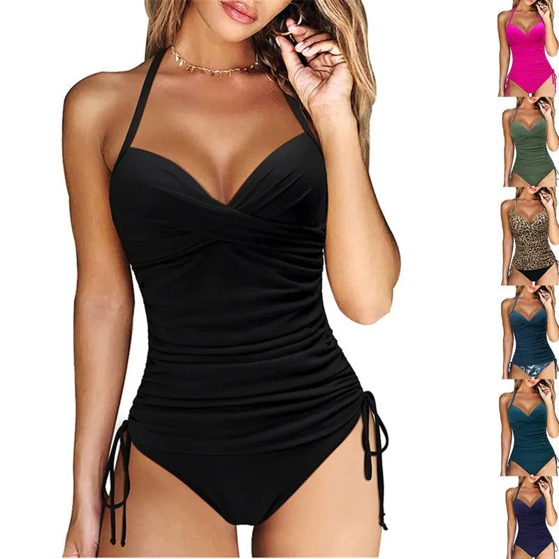Women's solid colour nylon bikini set with high-waist briefs and backless top for swimming