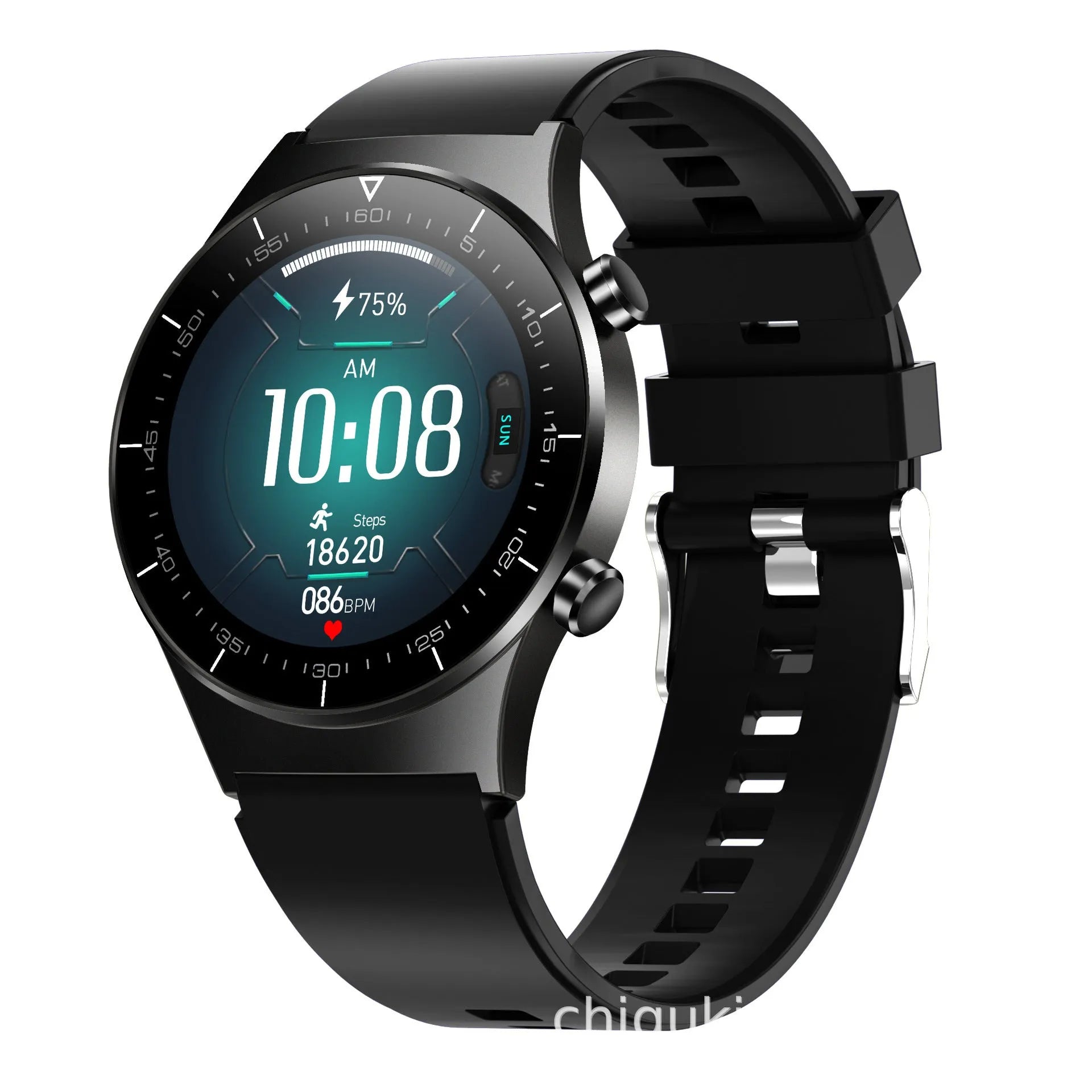 Black smart watch with heart rate monitoring on TPU wristband showing 1.28-inch glass touch screen