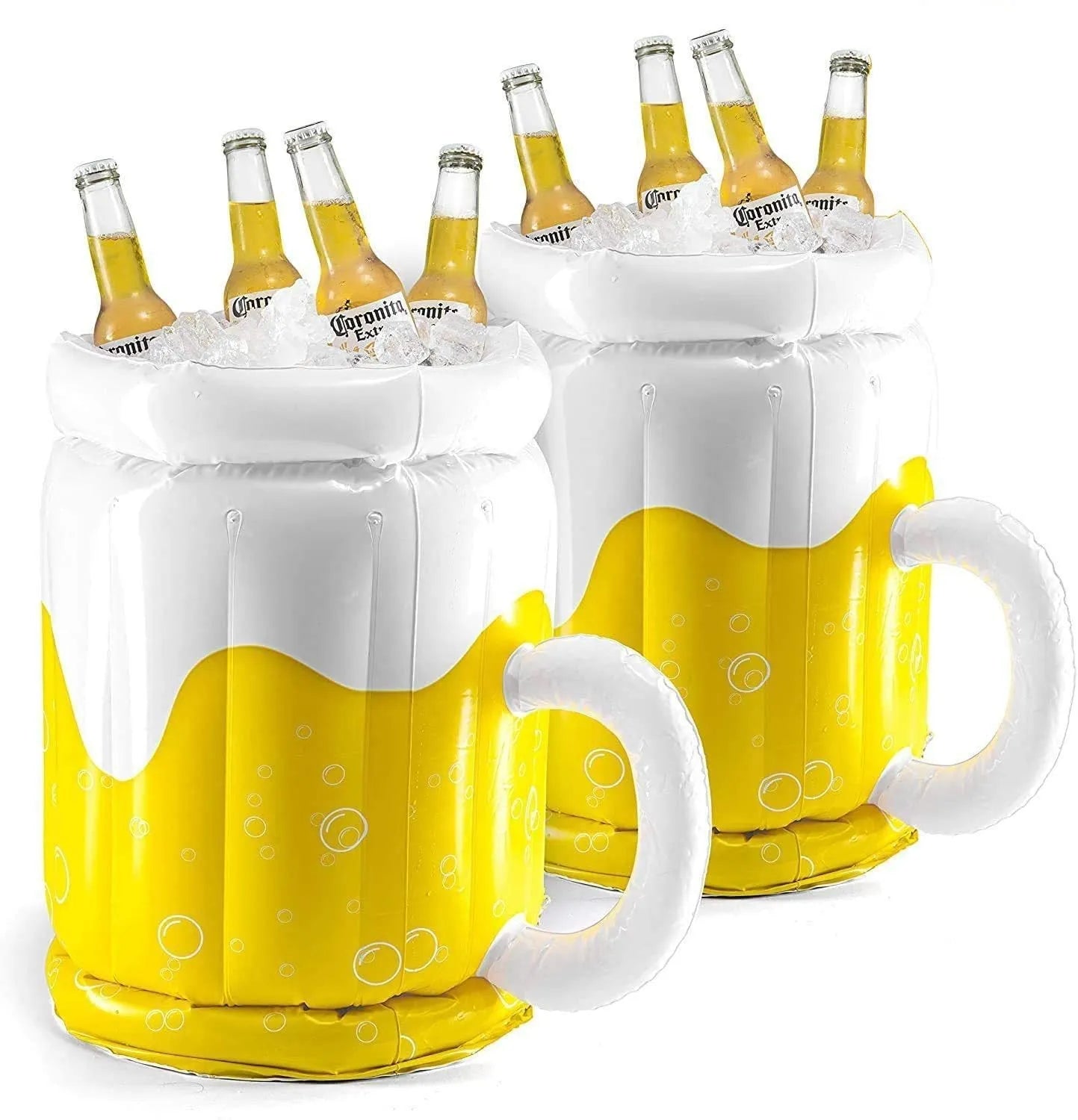 Large yellow inflatable beer mug cooler float holding drinks in a swimming pool