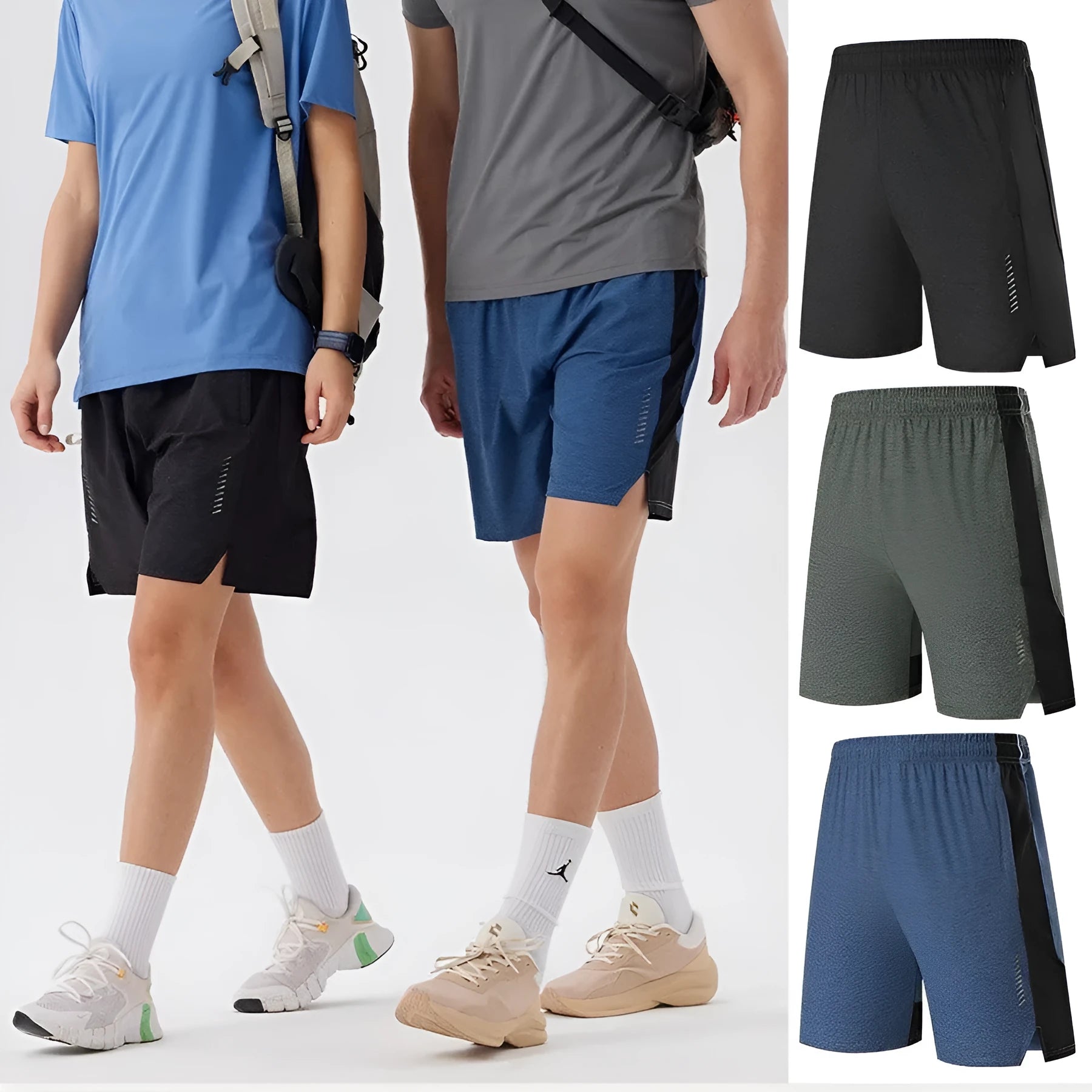 Men's forest green stretch spandex five-point casual shorts with mid waist.