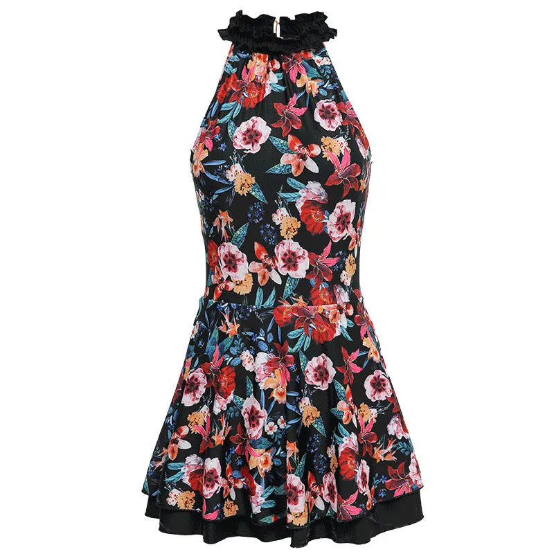 Sanqi black printed conservative one-piece nylon swimsuit for women swimming and wading