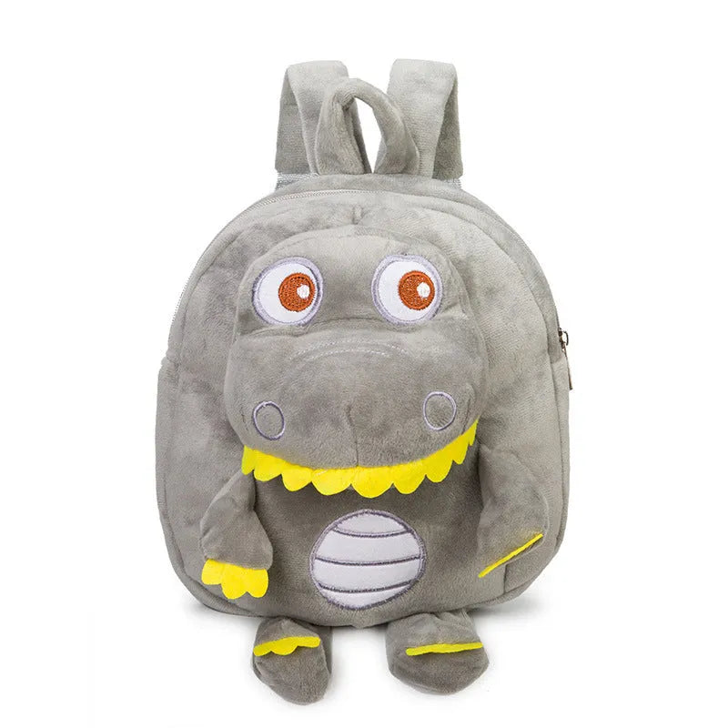 Soft plush baby dinosaur character backpack with embroidery detailing and soft handle
