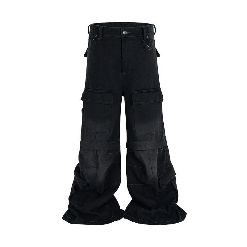 Cotton detachable multi-pocket overalls for teenagers, worn looking washed-out finish, black blue, mid waist zip placket