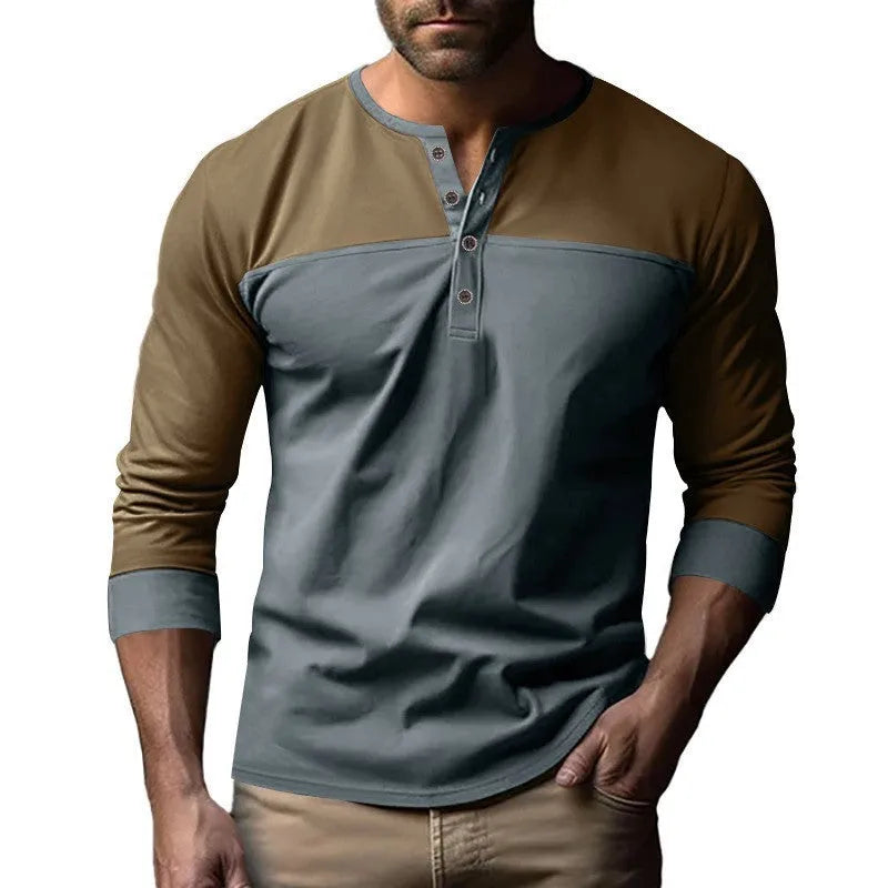 Long-sleeve Henry collar casual shirt with colour matching design in beaded twill fabric