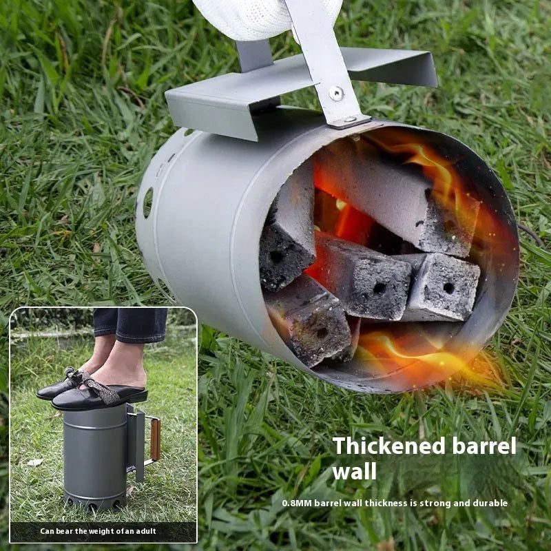 Zinc-iron alloy point carbon barrel style charcoal fire pit with oven igniter for outdoor barbecues.