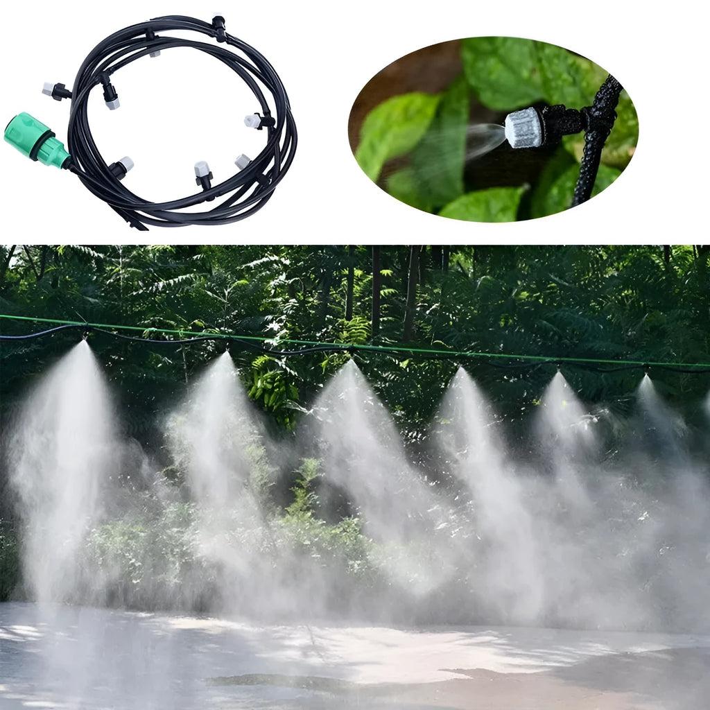 10m garden irrigation micro spray hose kit with ten mist nozzles on green grass