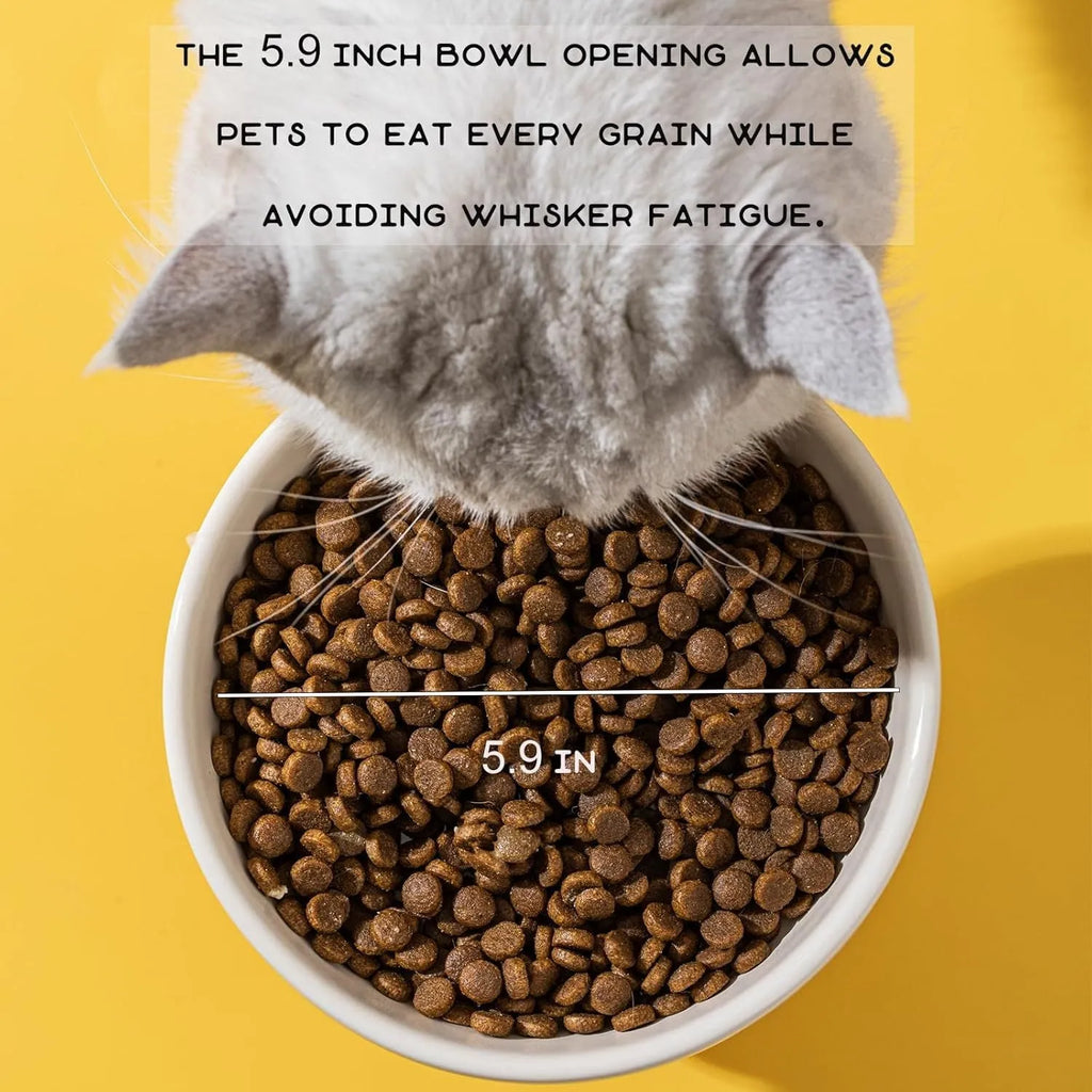 A raised ceramic cat bowl in an animal design, showing its height and wide opening for whisker-friendly feeding.