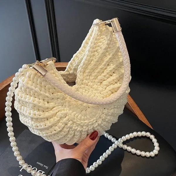 Handmade woven cloth bag for women, shell shape, open pocket, double shoulder straps, available in five retro colours