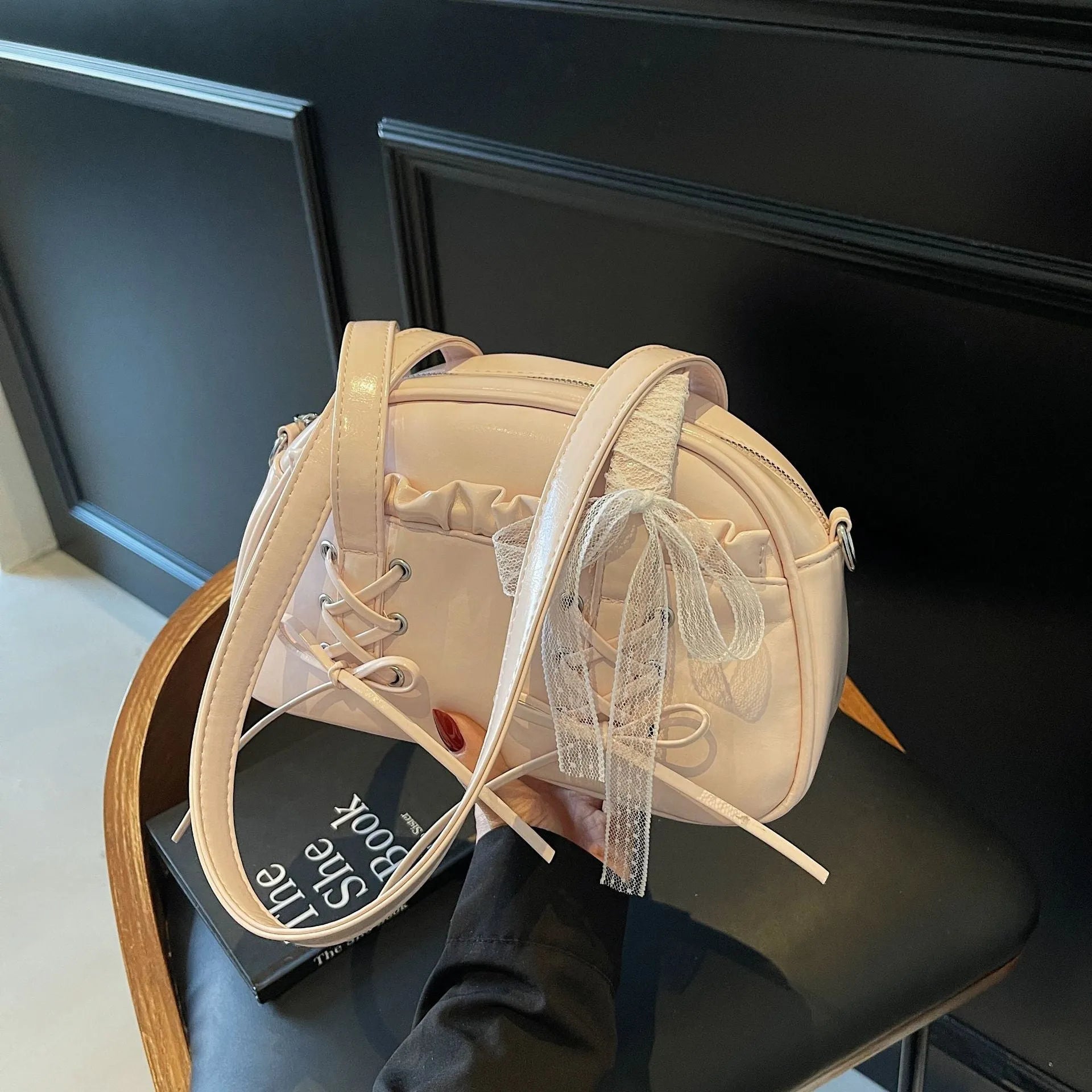 Women's bandage bow design PU leather shoulder handbag with mobile phone compartment in four colour options