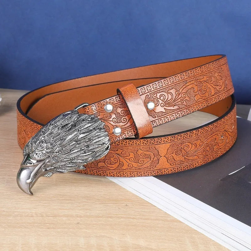Men's brown imitation leather belt with alloy cow head buckle showing pin fastening