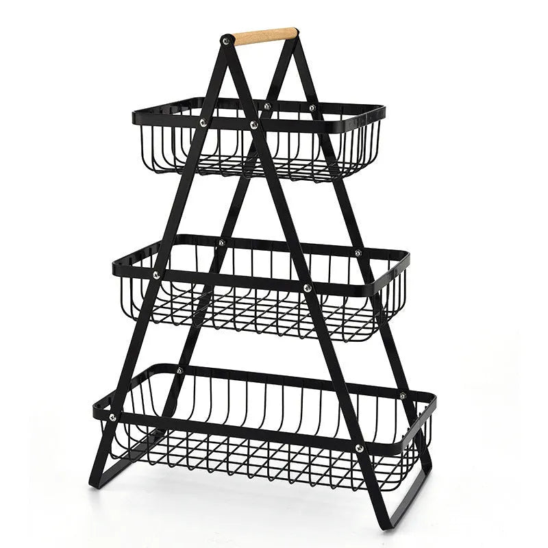 Detachable double-layer iron fruit basket with wooden handle in black on a tabletop
