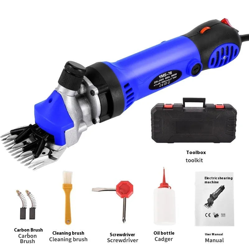 Yellow American 110V electric wool shearing clippers kit with multiple blade sets and maintenance tools