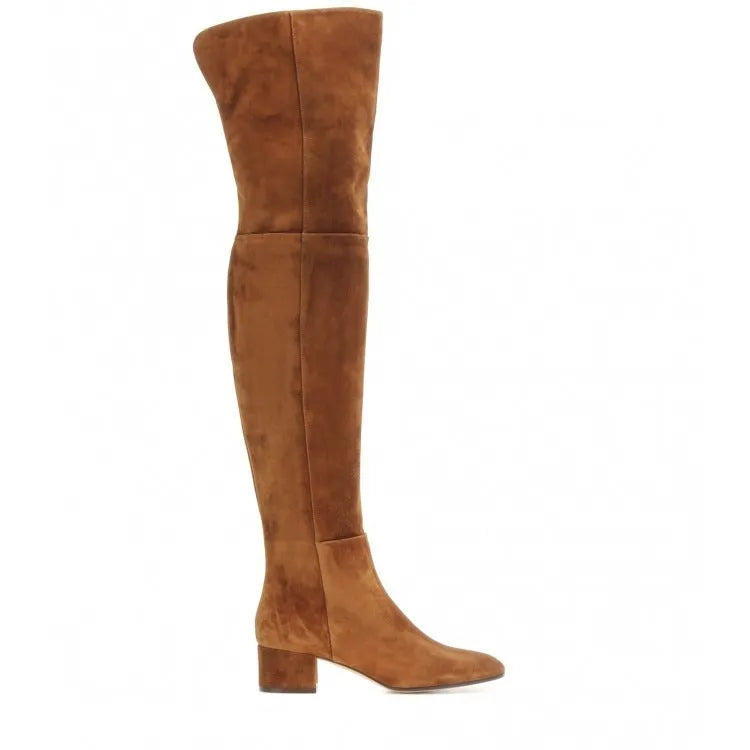 Grey women's suede over-the-knee flat boots with a pointed toe and low thick heel on a white background.