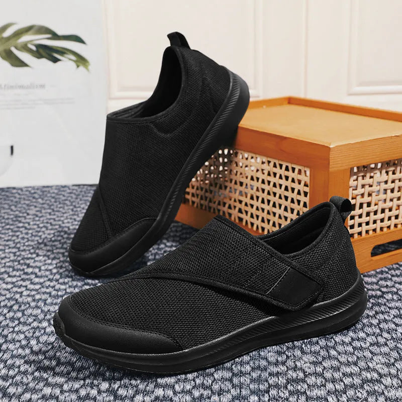 Unisex mesh walking shoes with Velcro fastening, round toe, flat heel, for outdoor mountaineering and daily leisure, black colour