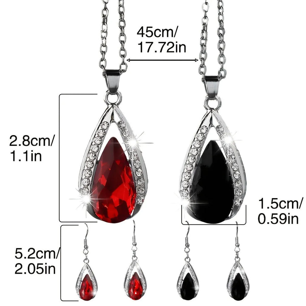 Black and red teardrop glass pendant necklace with matching earrings jewellery suite