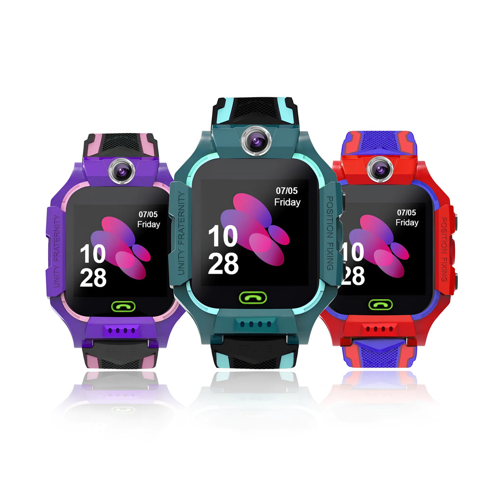Student smart watch with pink silicone strap and touch screen, double anti-fall tempered film