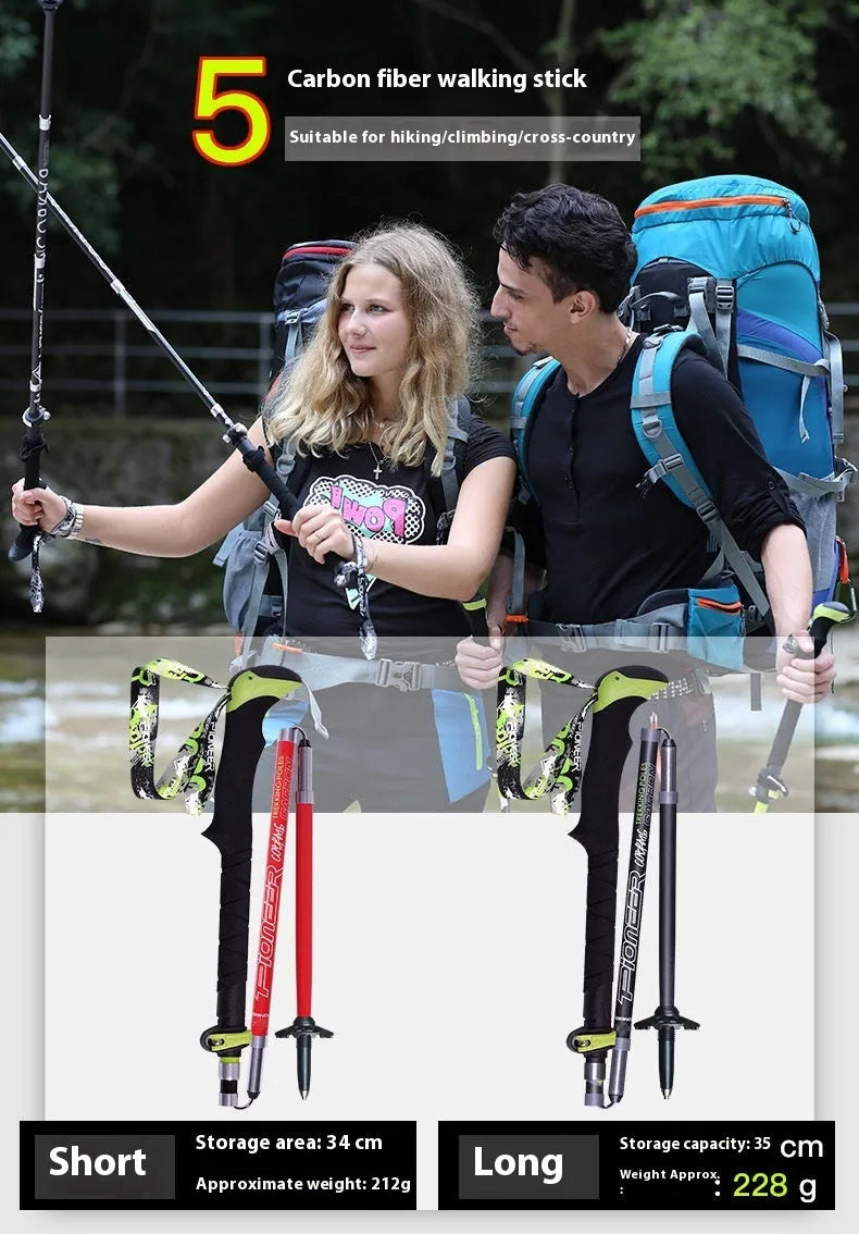 Carbon fibre folding climbing cane with five sections, tungsten steel tip, and EVA handle in red and matte black options