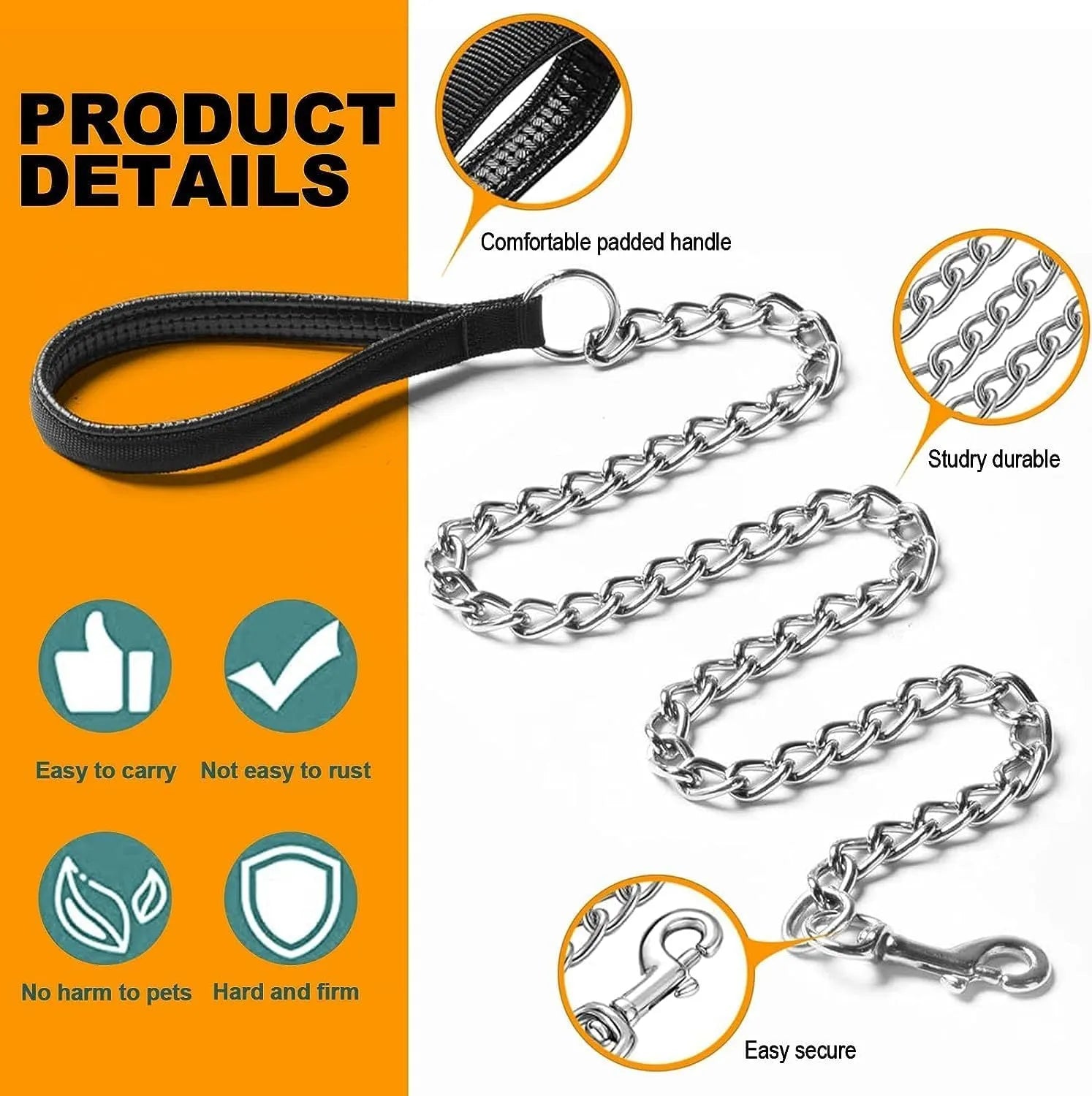 Heavy duty metal dog chain leash with soft padded handle, shown in black colour