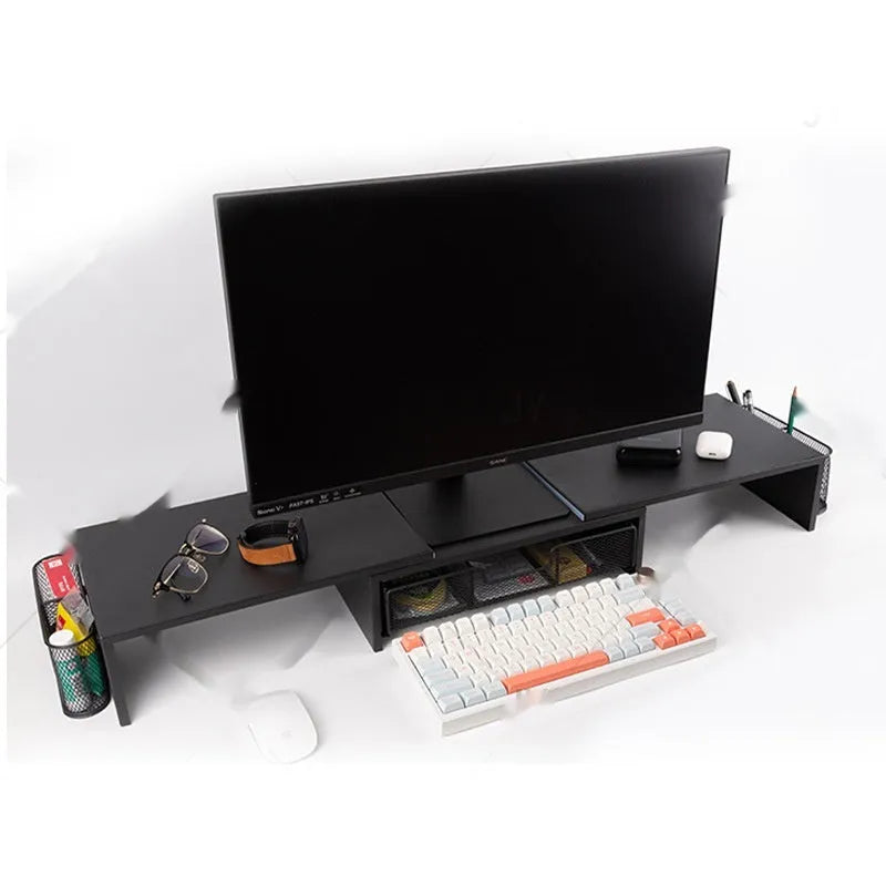 Double-station carbon steel desktop monitor elevated rack with retractable width in wooden finish on a desk