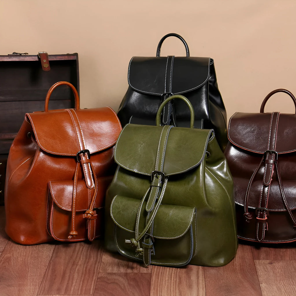 Korean style genuine cowhide leather backpack with pull-belt and sandwich pocket, 28x30x12cm, black