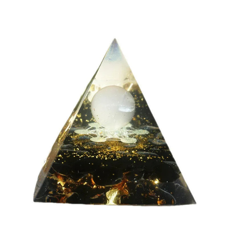 6cm crystal epoxy resin pyramid ornament with natural crystal gravel interior, geometric design, colour options available